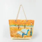 Custom Eco-friendly Material Paper grass cloth Hand-Drawn Autumn leaves Tote Handbag Beach Shoulder Bag for Woman