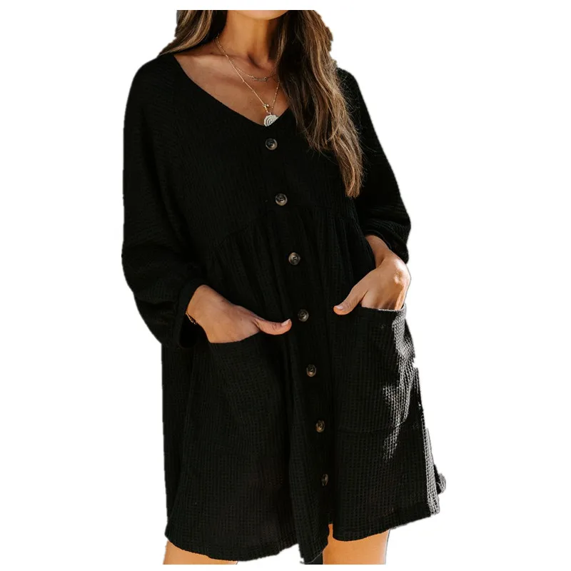 2020 Women's V-neck Breasted Three-quarter Sleeve Knit Pocket Loose Dress Autumn Button Solid Color Casual Loose Mini Dress
2020 Women's V-neck Breasted Three-quarter Sleeve Knit Pocket Loose Dress Autumn Button Solid Color Casual Loose Mini Dress