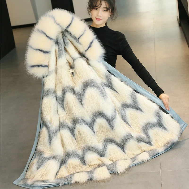 

Faux Raccoon Fur Hooded Coat Women fox Fur Parka Coat Wave Pattern Long Women Winter trench coat