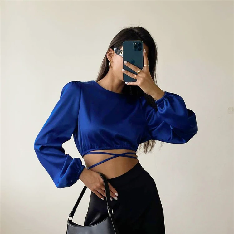 Autumn Spring 2021 New Trend Elegant Blue Satin O-Neck T Shirt Women Lace-Up Backless Long Sleeve Sexy Crop Top
Autumn Spring 2021 New Trend Elegant Blue Satin O-Neck T Shirt Women Lace-Up Backless Long Sleeve Sexy Crop Top