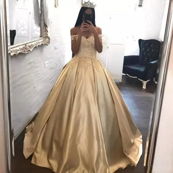 2019 Off The Shoulder A Line Court Train Beautiful Lace and Satin Gold Color Evening Dress Prom Dress
2019 Off The Shoulder A Line Court Train Beautiful Lace and Satin Gold Color Evening Dress Prom Dress