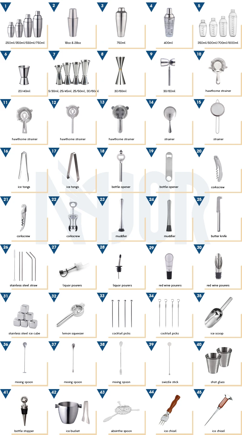 abilitycocktail shaker, jigger, muddler, mixing spoon, hawthorne