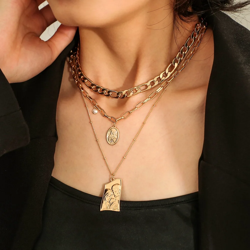 New hot-selling irregular geometric relief pendant Virgin Mary Christian three-tier necklace Figaro necklace, Picture
New hot-selling irregular geometric relief pendant Virgin Mary Christian three-tier necklace Figaro necklace, Picture