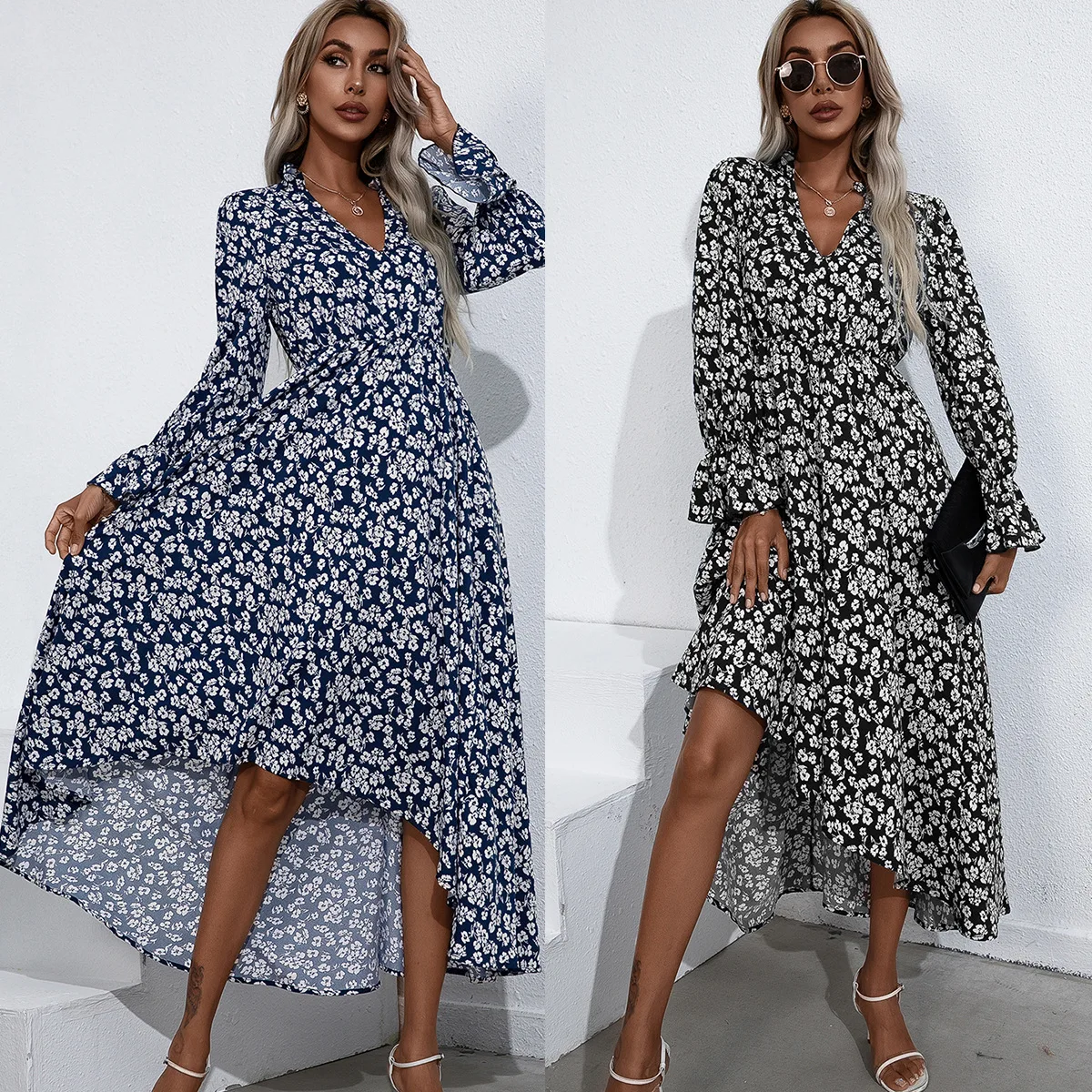 

ladies casual elegant Asymmetric long bohemian dress wholesale long flare sleeve floral print 2021 summer maxi boho dress women, Whit/camouflage/,long sleeve dress