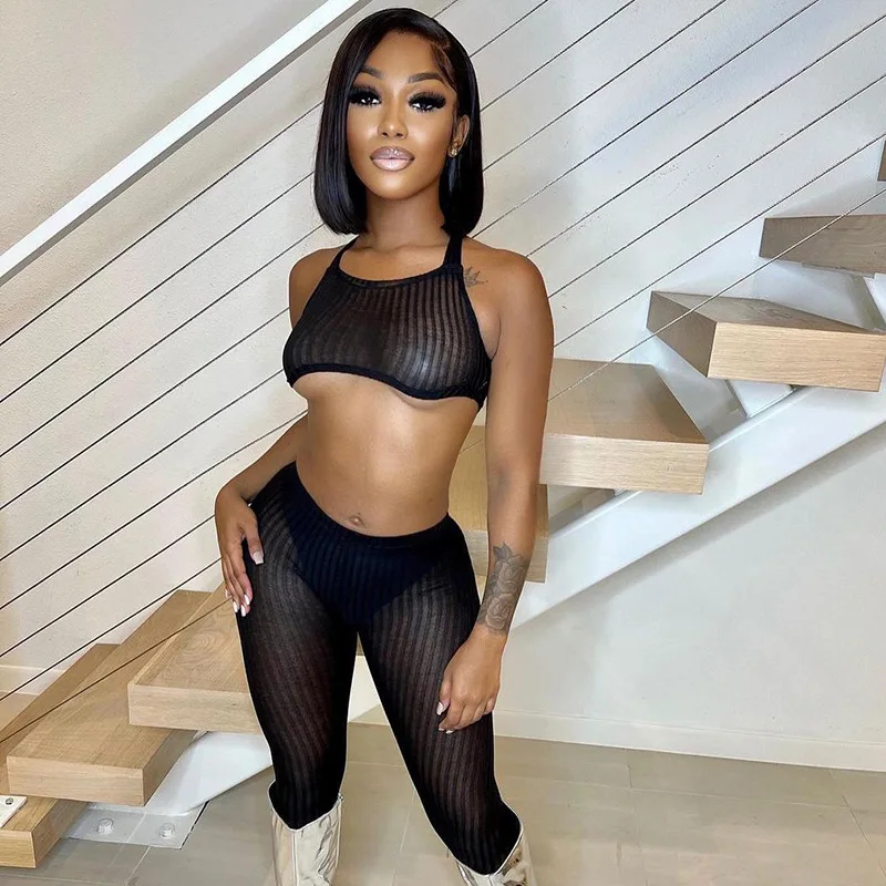 2022 summer black see through 2 piece sets sleeveless crop top mesh two piece pants set for women
2022 summer black see through 2 piece sets sleeveless crop top mesh two piece pants set for women