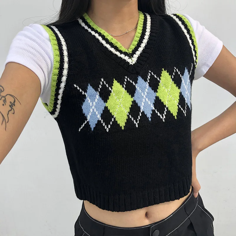 Women's V-neck Knitted Pullover Plaid Diamond Jacquard Waistcoat Chic Sleeveless Sweater Vest Tops, Customized color
Women's V-neck Knitted Pullover Plaid Diamond Jacquard Waistcoat Chic Sleeveless Sweater Vest Tops, Customized color