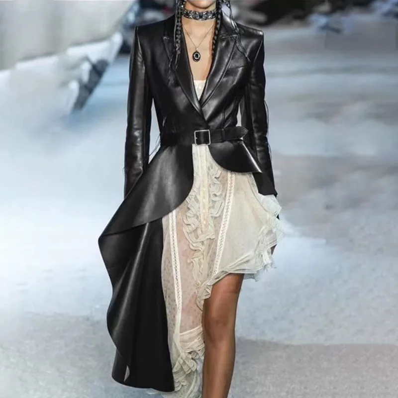 HG4315 # Мода High Street пальто с длинным рукавом нагрудные сексуальные v-образным вырезом из искусственной кожи нерегулярные женские черные пальто