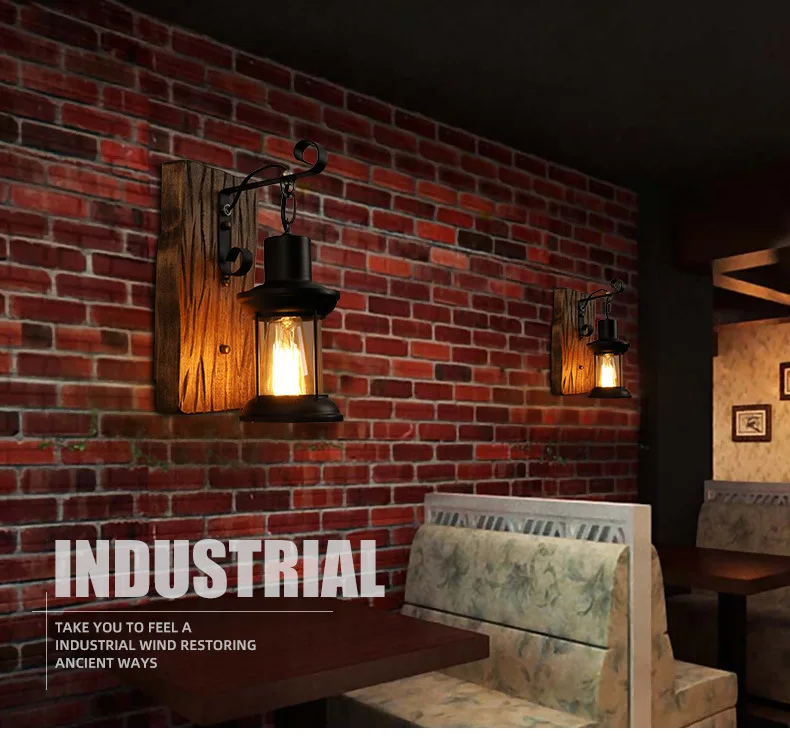 Wood Backplate Retro Industrial Cottage Style Metal Clear Glass Lantern Wall Light