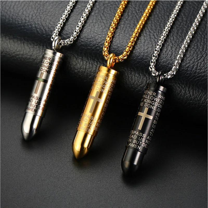 High quality stainless steel Bible verses cross Bullet shape pendant Necklace for men
High quality stainless steel Bible verses cross Bullet shape pendant Necklace for men