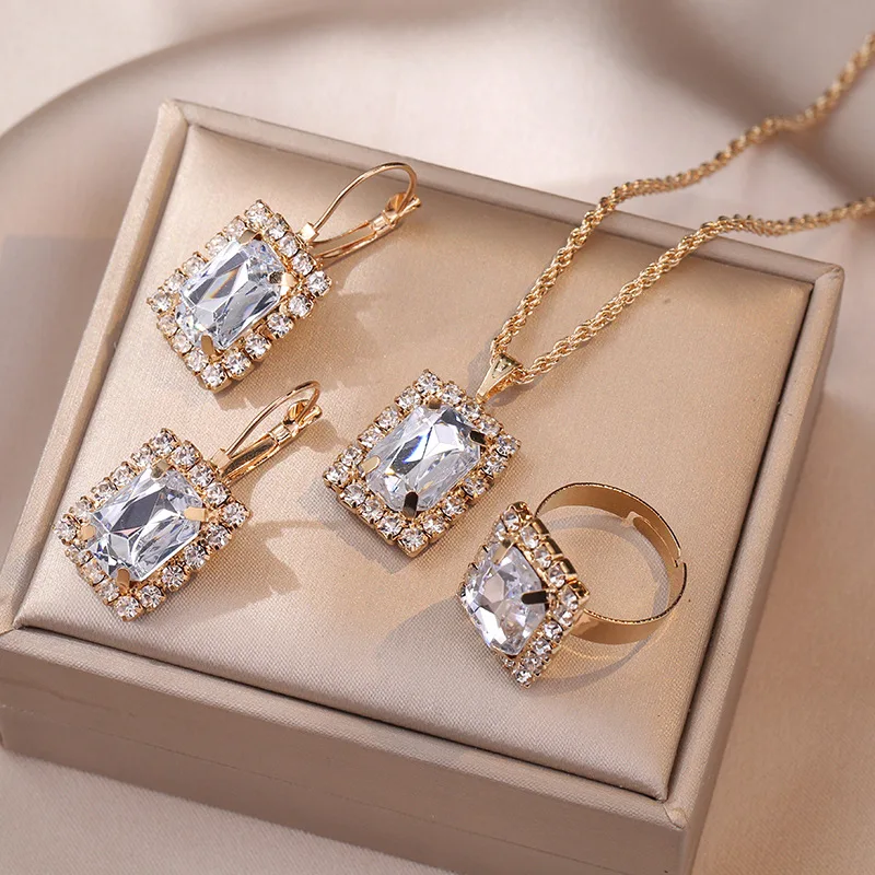 Wholesale Exquisite Square Crystal Zircon Pendant Necklace Earrings And Rings Set Women Fashion Gemstone Jewelry Set For Gift
Wholesale Exquisite Square Crystal Zircon Pendant Necklace Earrings And Rings Set Women Fashion Gemstone Jewelry Set For Gift