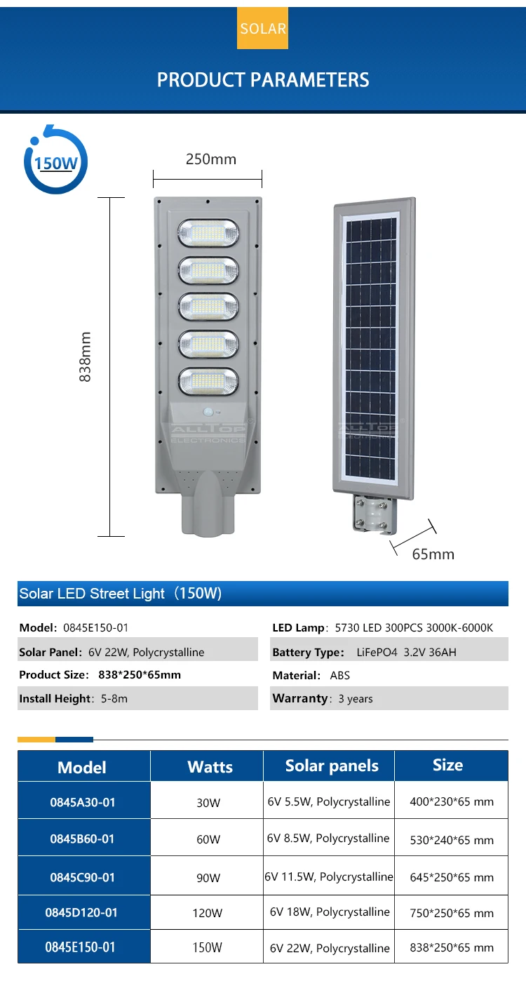 ALLTOP High lumen ip65 gymnasium 30w 60w 90w 120w 150w all in one solar led street light prices