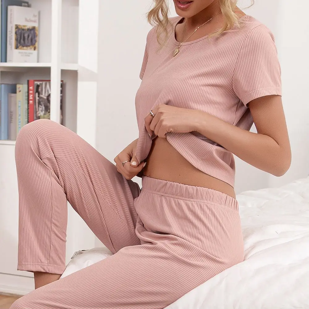 2021 Summer Pajamas Short Sleeve Crop Top Lounge Wear Womens Wholesale Ribbed Loungewear Set, Customized color
2021 Summer Pajamas Short Sleeve Crop Top Lounge Wear Womens Wholesale Ribbed Loungewear Set, Customized color
