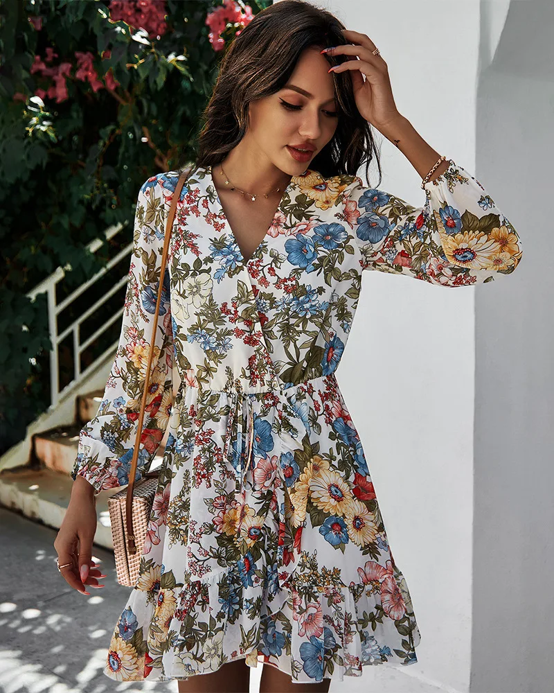 New Style Chiffon Flower Dresses V-Neck Long-sleeved Floral Print Casual Women Dress
New Style Chiffon Flower Dresses V-Neck Long-sleeved Floral Print Casual Women Dress