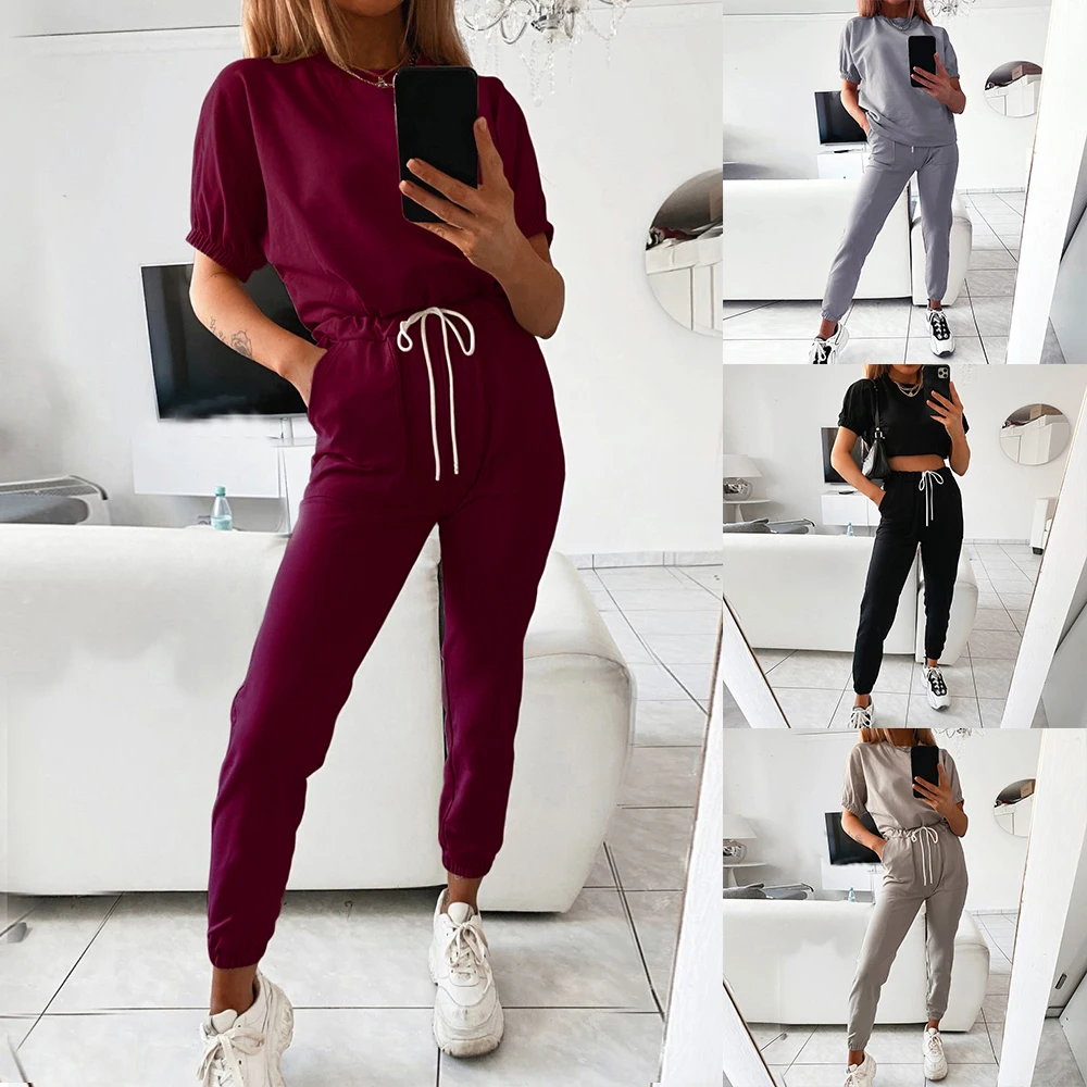 Women Solid Color Tracksuit Two-piece Set Short Sleeve Top Elastic Waist Long Drawstring Pants Women Outfits Streetwear
Women Solid Color Tracksuit Two-piece Set Short Sleeve Top Elastic Waist Long Drawstring Pants Women Outfits Streetwear