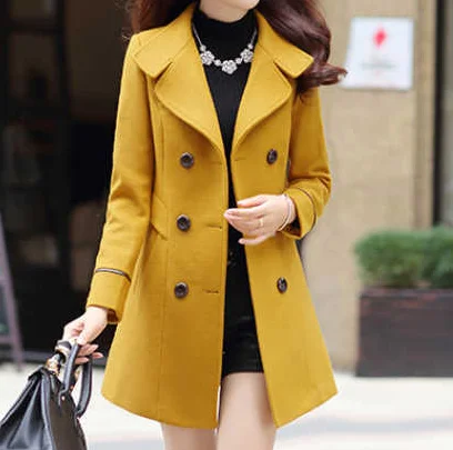 

2020 Winter Elegant Blend Clothes Short Wool Coat Korean Autumn Woolen Coat Fashion Double-breasted Jacket, Khaki, yellow, navy, wine red