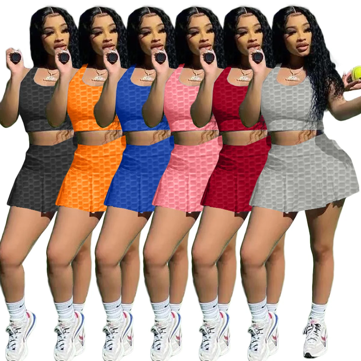 Drop Shipping 2021 Fashion Summer Solid Color Tennis Skirt Set Sleeveless Cropped Tops Womens Two Piece Mini Skirt Set
Drop Shipping 2021 Fashion Summer Solid Color Tennis Skirt Set Sleeveless Cropped Tops Womens Two Piece Mini Skirt Set