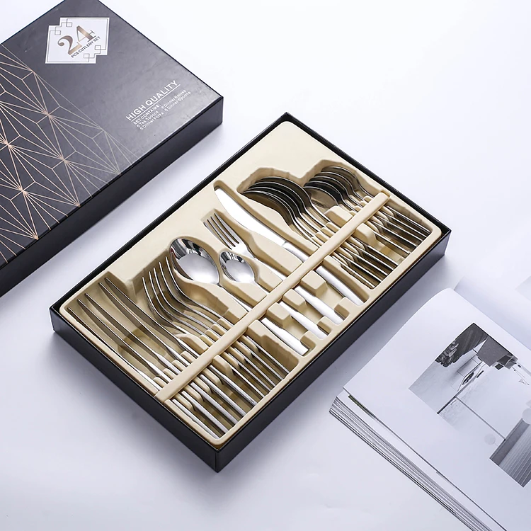RTS Royal 24 Pcs Custom Box Luxury Polished Kitchen Silverware Stainless Steel Restaurant Flatware Silver Cutlery Set 
RTS Royal 24 Pcs Custom Box Luxury Polished Kitchen Silverware Stainless Steel Restaurant Flatware Silver Cutlery Set