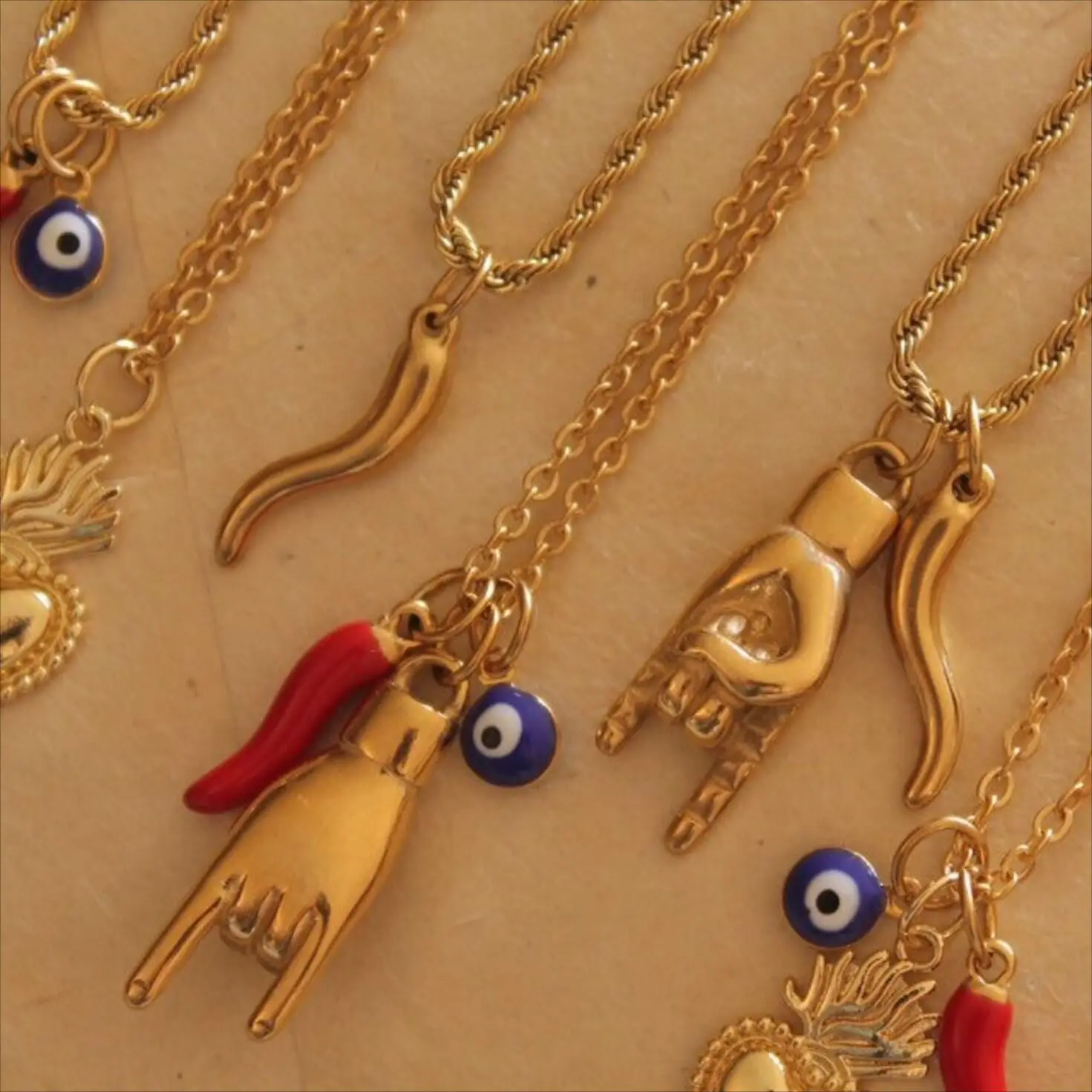 

Stainless steel gold plated diy enamel evil eye hand Italian Horn pendant necklace