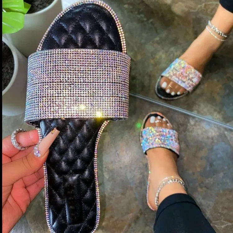 Popular INS style summer latest women flat rhinestone sandals ladies diamond slides, Black,pink 
Popular INS style summer latest women flat rhinestone sandals ladies diamond slides, Black,pink