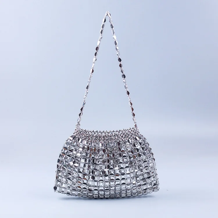 Trendy Party Club Handmade Silver Gold Flat Beads Beaded Shoulder Bag Woven Large Dumplings Fashion Trendy Shoulder Tote Bag
Trendy Party Club Handmade Silver Gold Flat Beads Beaded Shoulder Bag Woven Large Dumplings Fashion Trendy Shoulder Tote Bag
