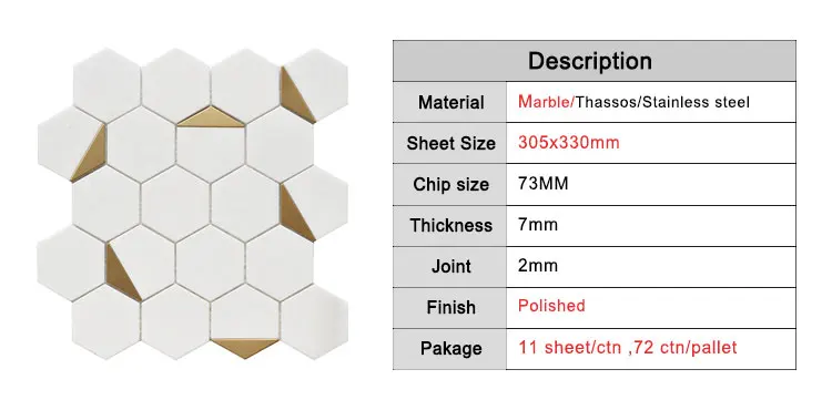 luxury hexagon mosaic bathroom tile kitchen backsplash thassos white stone gold metal copper brass waterjet marble mosaic tile