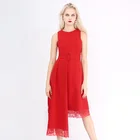 Autumn Ladies Formal Fashion Gown Dresses Red Round Neck Lace Evening Maxi Dress Women