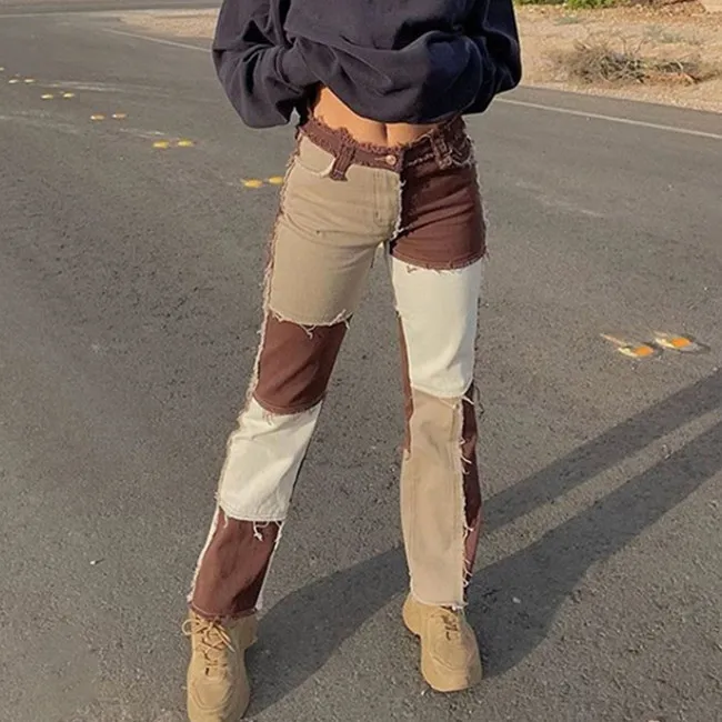 P1738186 Spring Cowboy Patchwork Plaid Hip Hop Straight Pant Fashion Streetwear Casual High Waist Women Denim Jeans, Blue
P1738186 Spring Cowboy Patchwork Plaid Hip Hop Straight Pant Fashion Streetwear Casual High Waist Women Denim Jeans, Blue