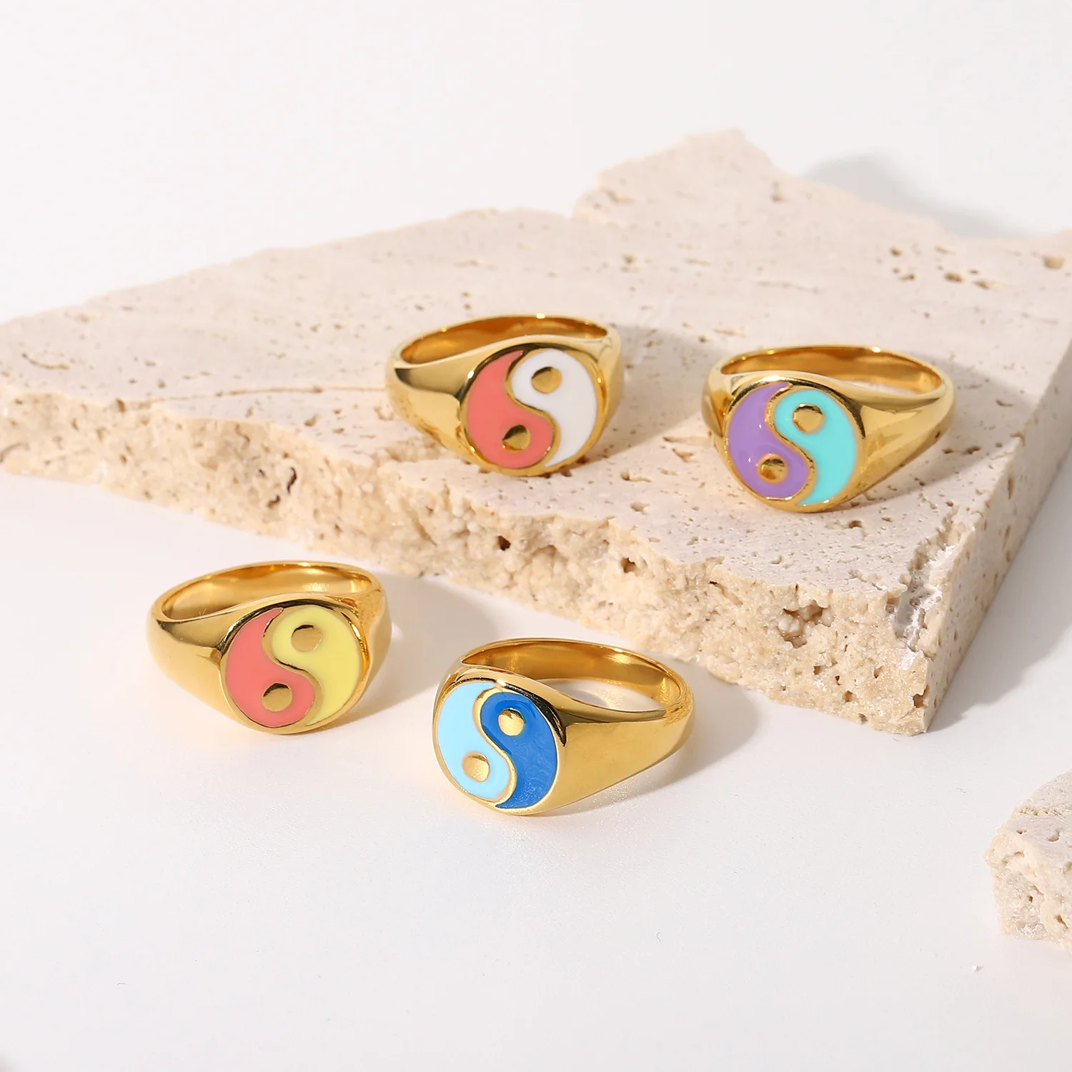 Hot Sale Waterproof 18k Gold Plated Stainless Steel Jewelry Chunky Signet Enamel Yinyang Ring For Women
Hot Sale Waterproof 18k Gold Plated Stainless Steel Jewelry Chunky Signet Enamel Yinyang Ring For Women