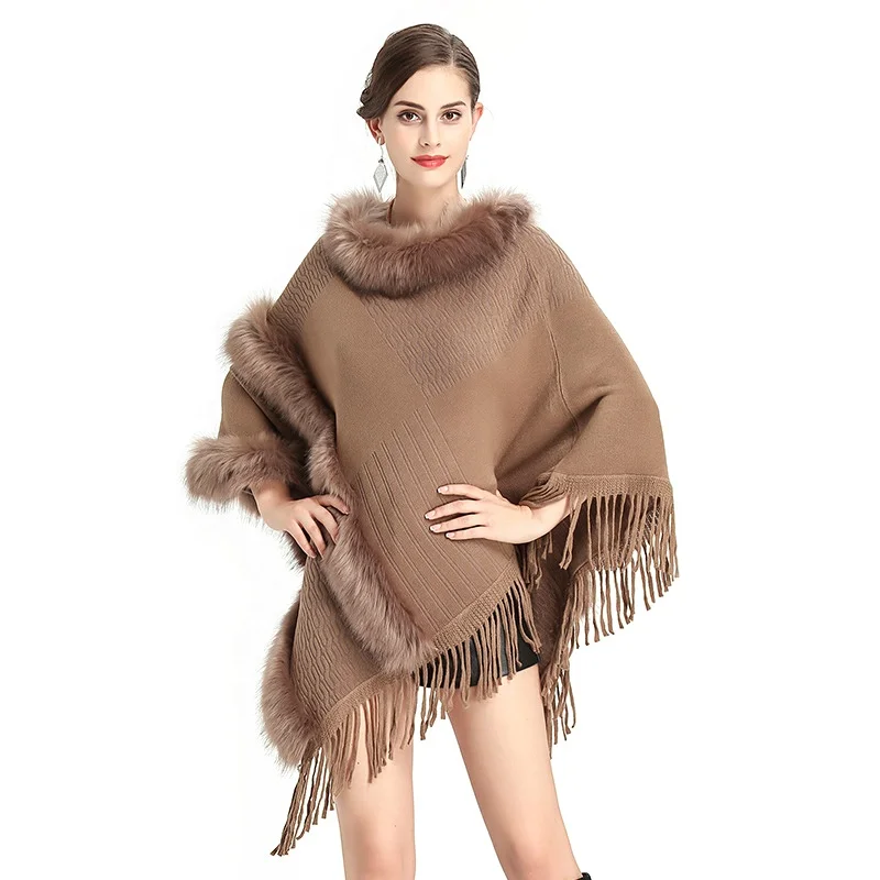 New Manufacture Custom Knitted Fur Trim Shawl Women's Loose Pullover Winter Sweater Ponchos For Women
New Manufacture Custom Knitted Fur Trim Shawl Women's Loose Pullover Winter Sweater Ponchos For Women