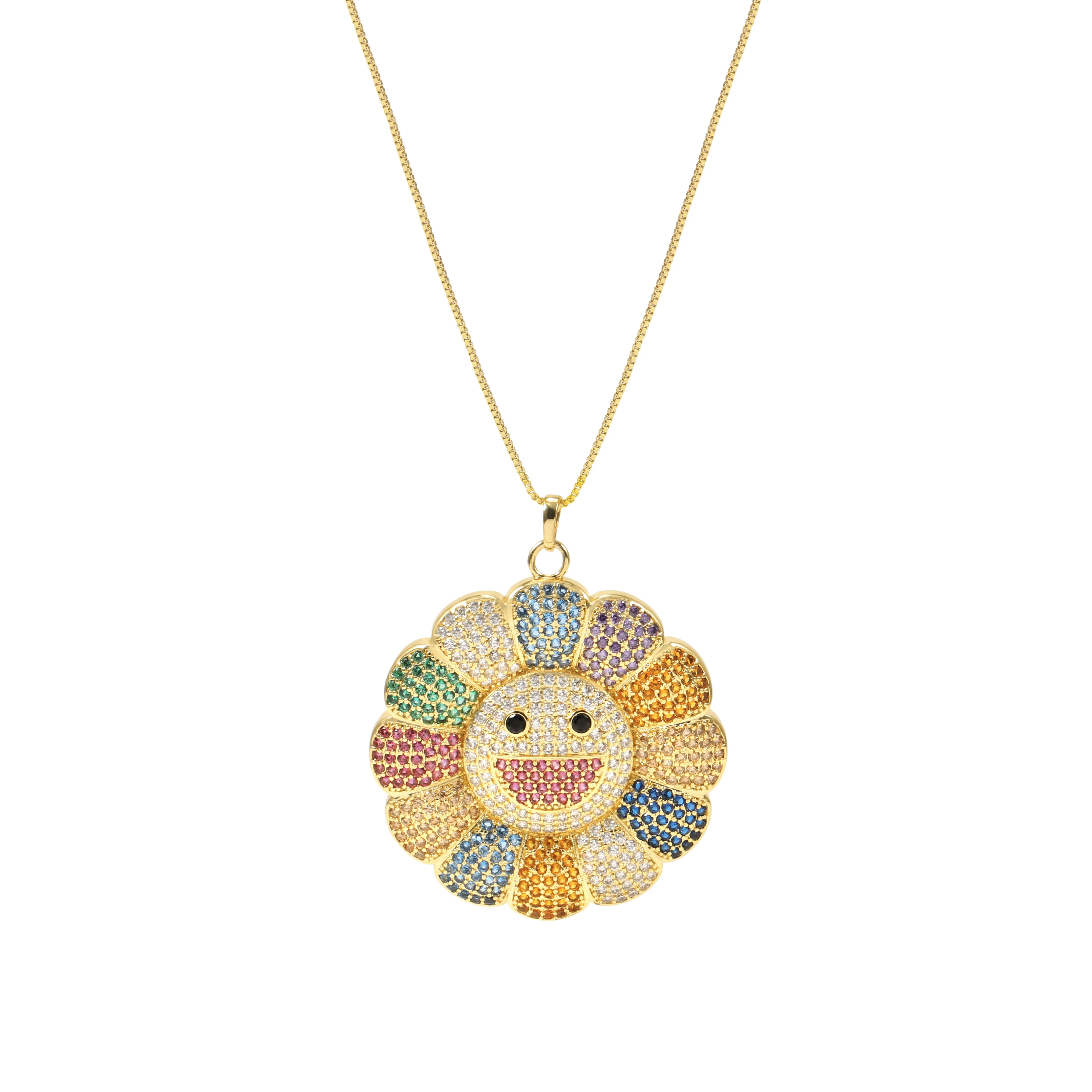 Positive Smiling Sunflower Shape Design Inlaid Colorful Zircon Pendant with Box Chain
Positive Smiling Sunflower Shape Design Inlaid Colorful Zircon Pendant with Box Chain