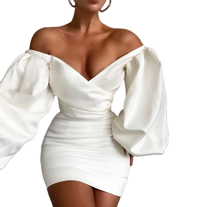 fall clothing for women Solid Color Lantern Sleeve Off Shoulder sexy V neck Party Club Wear Mini Satin Dresses, White
fall clothing for women Solid Color Lantern Sleeve Off Shoulder sexy V neck Party Club Wear Mini Satin Dresses, White