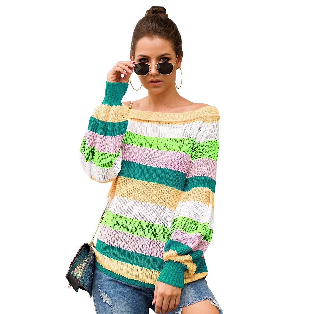new model One-neck splicing loose long sweater women rainbow striped long sleeve off shoulder sexy top
new model One-neck splicing loose long sweater women rainbow striped long sleeve off shoulder sexy top