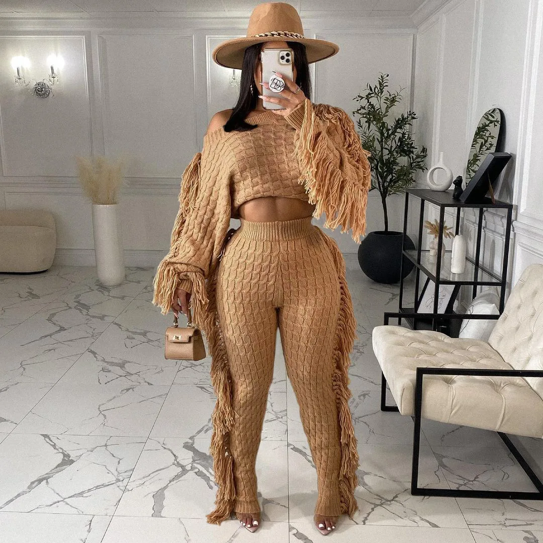2021 Winter Clothing Casual Knitted Tassel Womens Fringe Two Piece Ribbed Knit Sweater Pants Set 2 pcs Sets Outfits For Women, Black,white,orange,wine red,apricot
2021 Winter Clothing Casual Knitted Tassel Womens Fringe Two Piece Ribbed Knit Sweater Pants Set 2 pcs Sets Outfits For Women, Black,white,orange,wine red,apricot