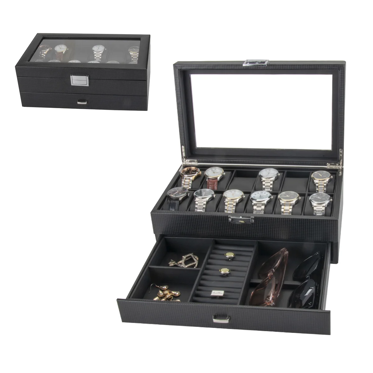 Carbon Fiber Pu Leather Watch Holder Double Layer 12 Watch Jewelry Multifunctional Storage Box Watch Box Gift Set
Carbon Fiber Pu Leather Watch Holder Double Layer 12 Watch Jewelry Multifunctional Storage Box Watch Box Gift Set