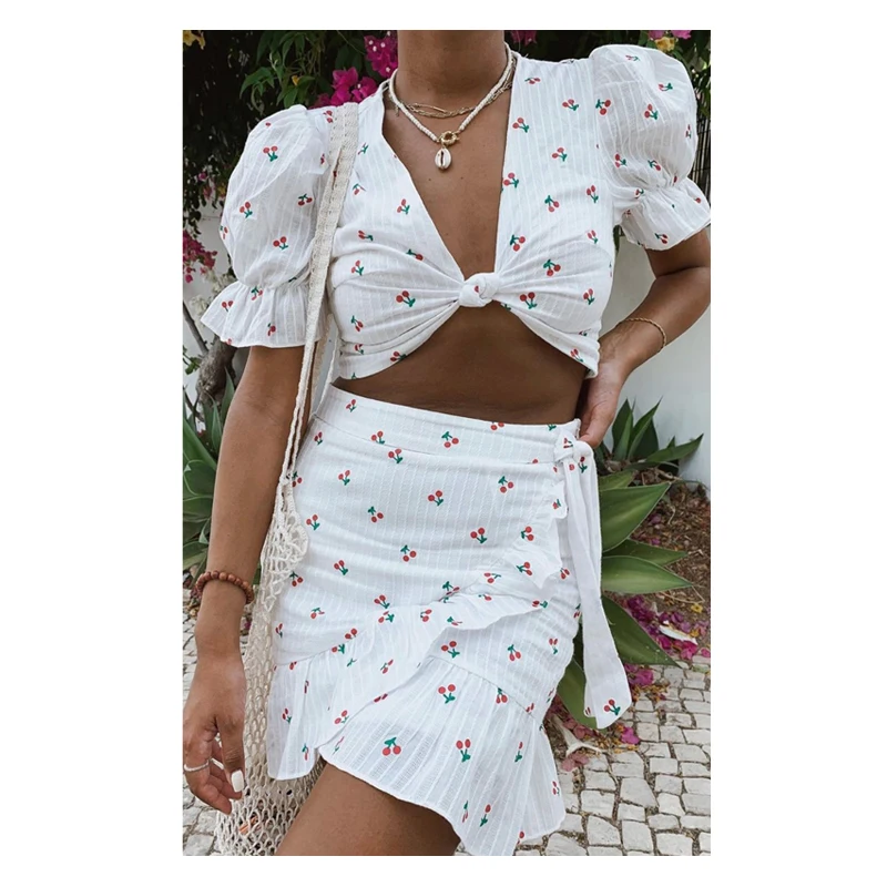 Cherry print white cotton two piece set women's tie front tops and ruffle wrap skirts, White with print
Cherry print white cotton two piece set women's tie front tops and ruffle wrap skirts, White with print