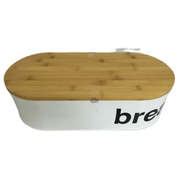 JASION Oval Shape FSC bamboo lid Wooden Cutting board White Metal Storage Bread Bin