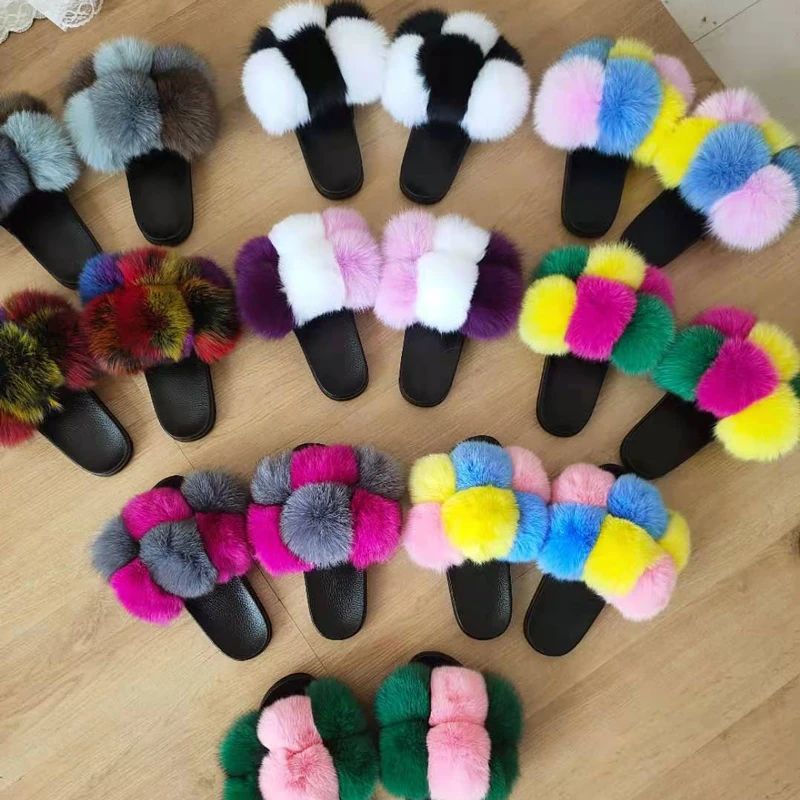 2021 factory wholesale cheapest pvc sole large fur multicolor fox leather ladies slippers sliding slide, Customized color
2021 factory wholesale cheapest pvc sole large fur multicolor fox leather ladies slippers sliding slide, Customized color