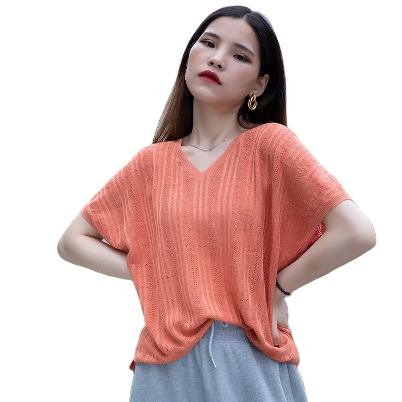 High Quality Summer Short Sleeve Oversize Solid Color Silk Knitwear Women's T-shirt
High Quality Summer Short Sleeve Oversize Solid Color Silk Knitwear Women's T-shirt