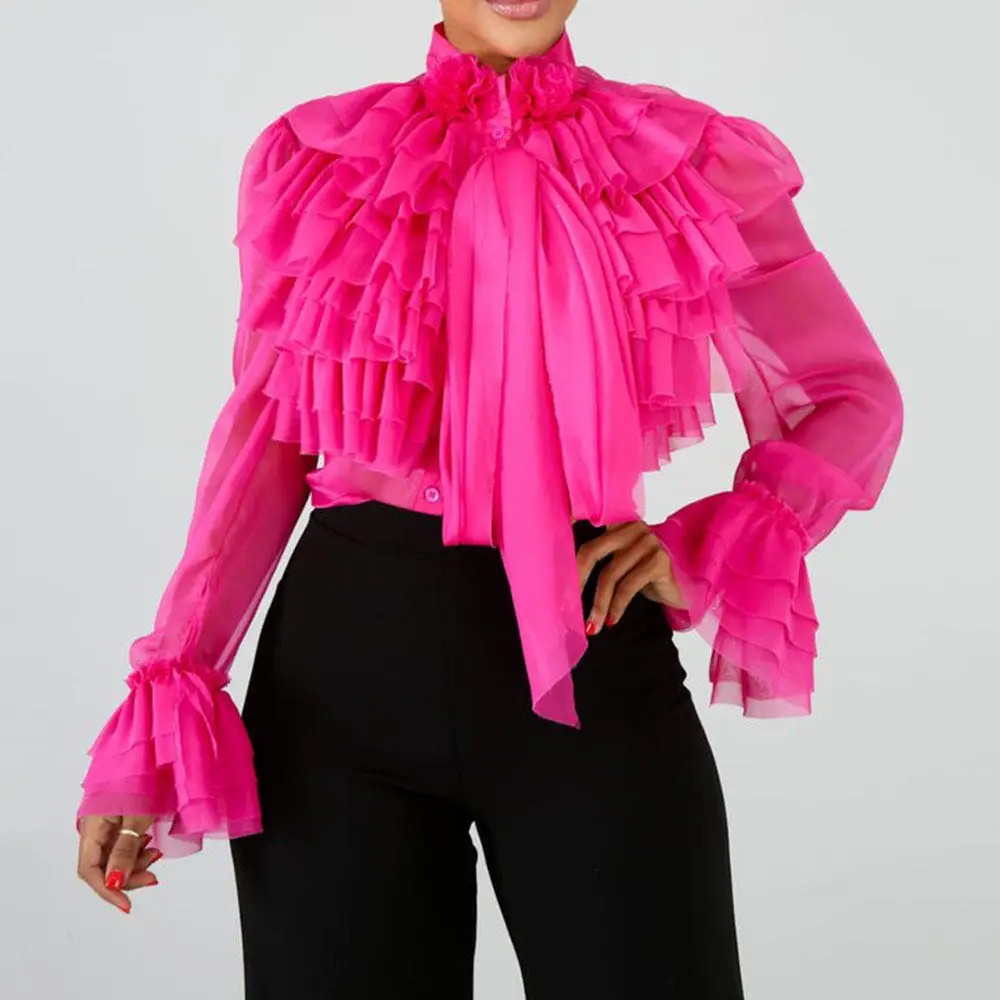 New autumn flare sleeve layer ruffles fashion chiffon women blouse sexy top, Green pink or customized
New autumn flare sleeve layer ruffles fashion chiffon women blouse sexy top, Green pink or customized