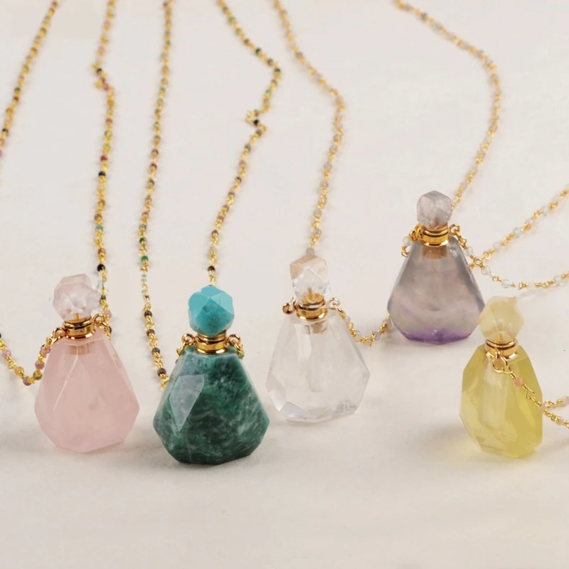 Dainty Stainless Steel Diffuser Necklaces Raw Crystal Stone Bottle Essential Oil Perfume Bottle Necklace, As picture
Dainty Stainless Steel Diffuser Necklaces Raw Crystal Stone Bottle Essential Oil Perfume Bottle Necklace, As picture