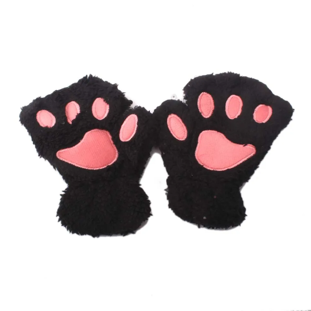Baby Winter Thick Warm Gloves Outdoor Half Finger Gloves Cute Cartoon Cat Claw Gloves