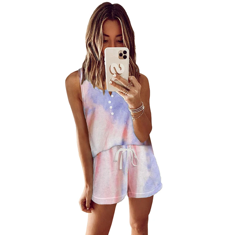 Customized Summer Casual Tie-Dye Knit Sleeveless Shorts Sexy Pajamas Set Women
Customized Summer Casual Tie-Dye Knit Sleeveless Shorts Sexy Pajamas Set Women