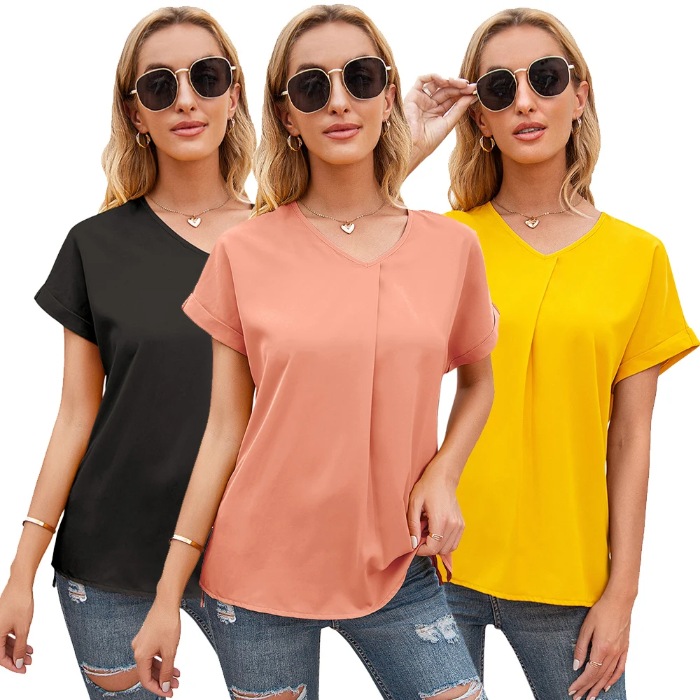 New Arrival Solid Color V-neck short sleeve loose T-Shirt Top for women, Yellow/orange/black
New Arrival Solid Color V-neck short sleeve loose T-Shirt Top for women, Yellow/orange/black