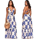 beach printing deep v-neck sexy backless waist lace-up women long casual dresses