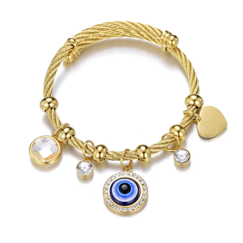New Fashion Jewelry Turkish Islamic Bracelet High Quality Blue Eye Titanium Steel Heart Charms Bangle for Women, Gold
New Fashion Jewelry Turkish Islamic Bracelet High Quality Blue Eye Titanium Steel Heart Charms Bangle for Women, Gold