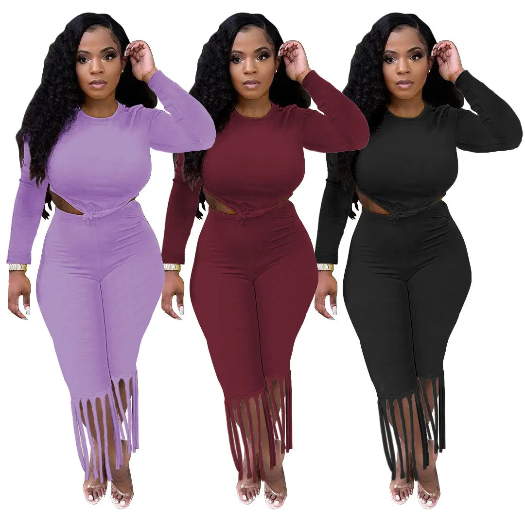 Hot sale two piece solid color long sleeve pants sets fringe casual two piece sets for woman
Hot sale two piece solid color long sleeve pants sets fringe casual two piece sets for woman