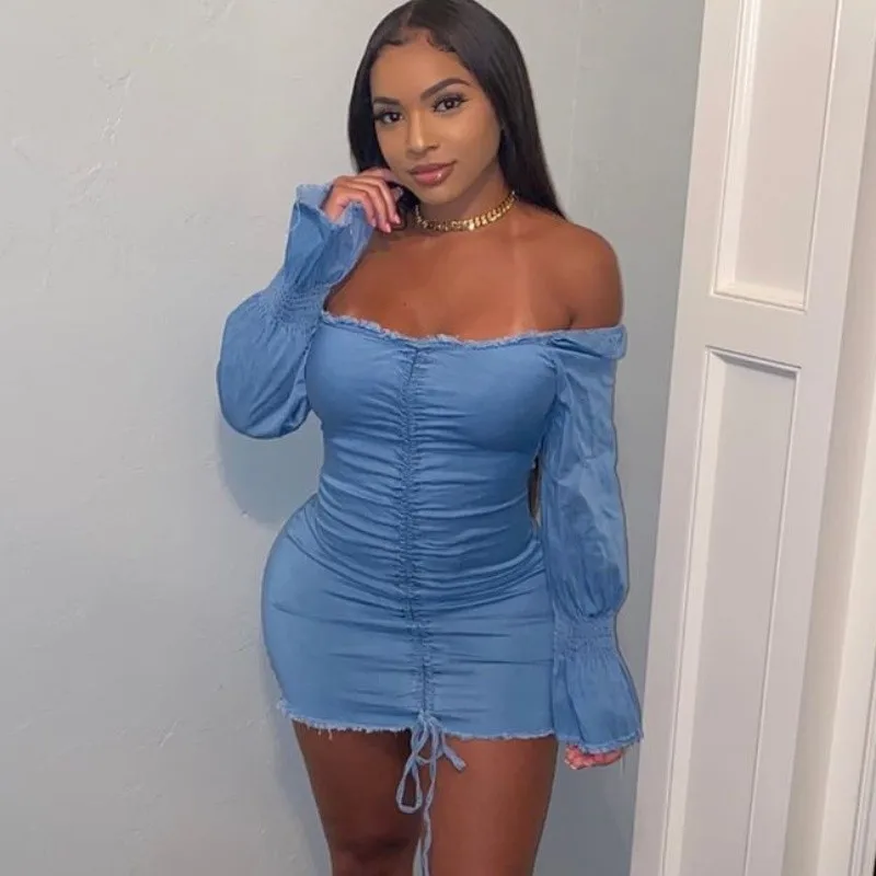 Summer Sexy Lady Drawstring Jean Jeans Denim Blue Off Shoulder Long Sleeve Fitted Slim Womens Dress Ladies Dresses For Women
Summer Sexy Lady Drawstring Jean Jeans Denim Blue Off Shoulder Long Sleeve Fitted Slim Womens Dress Ladies Dresses For Women