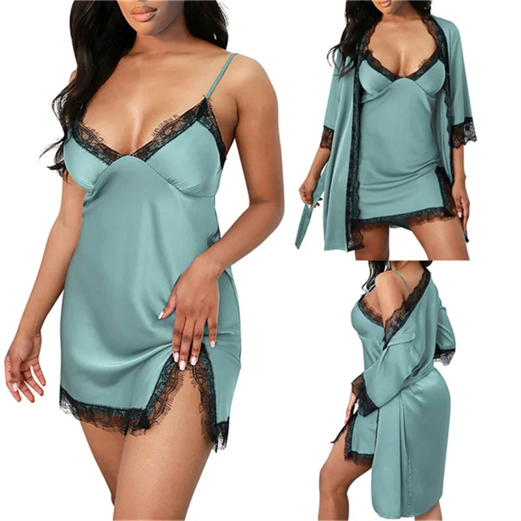 Sexy Solid Color Lace Patchwork Women Faux Silk Long Sleeve Robe Set Sleepwear 2 Piece Nightwear
Sexy Solid Color Lace Patchwork Women Faux Silk Long Sleeve Robe Set Sleepwear 2 Piece Nightwear