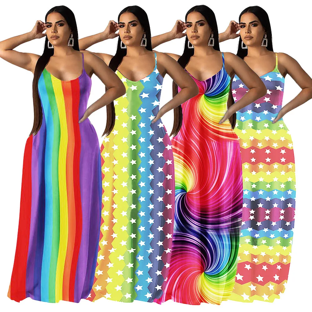 Summer Casual Fashion Rainbow Striped Colorful Bohemian Dress Sleeveless v Neck Loose Maxi Dress Women Clothing, Pink ,yellow ,purple
Summer Casual Fashion Rainbow Striped Colorful Bohemian Dress Sleeveless v Neck Loose Maxi Dress Women Clothing, Pink ,yellow ,purple
