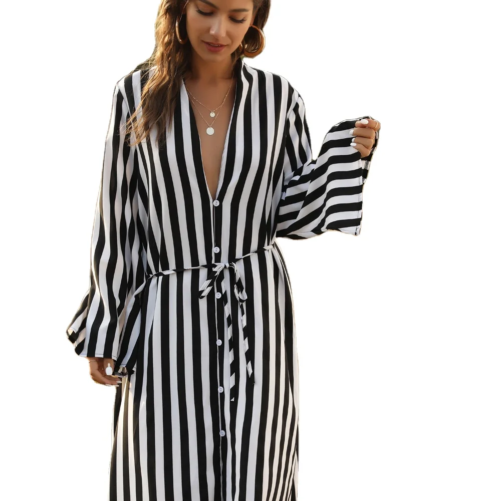 Spring and Autumn E-commerce European and American wild single-breasted sexy striped four-way stretch knitted long-sleeved dress
Spring and Autumn E-commerce European and American wild single-breasted sexy striped four-way stretch knitted long-sleeved dress